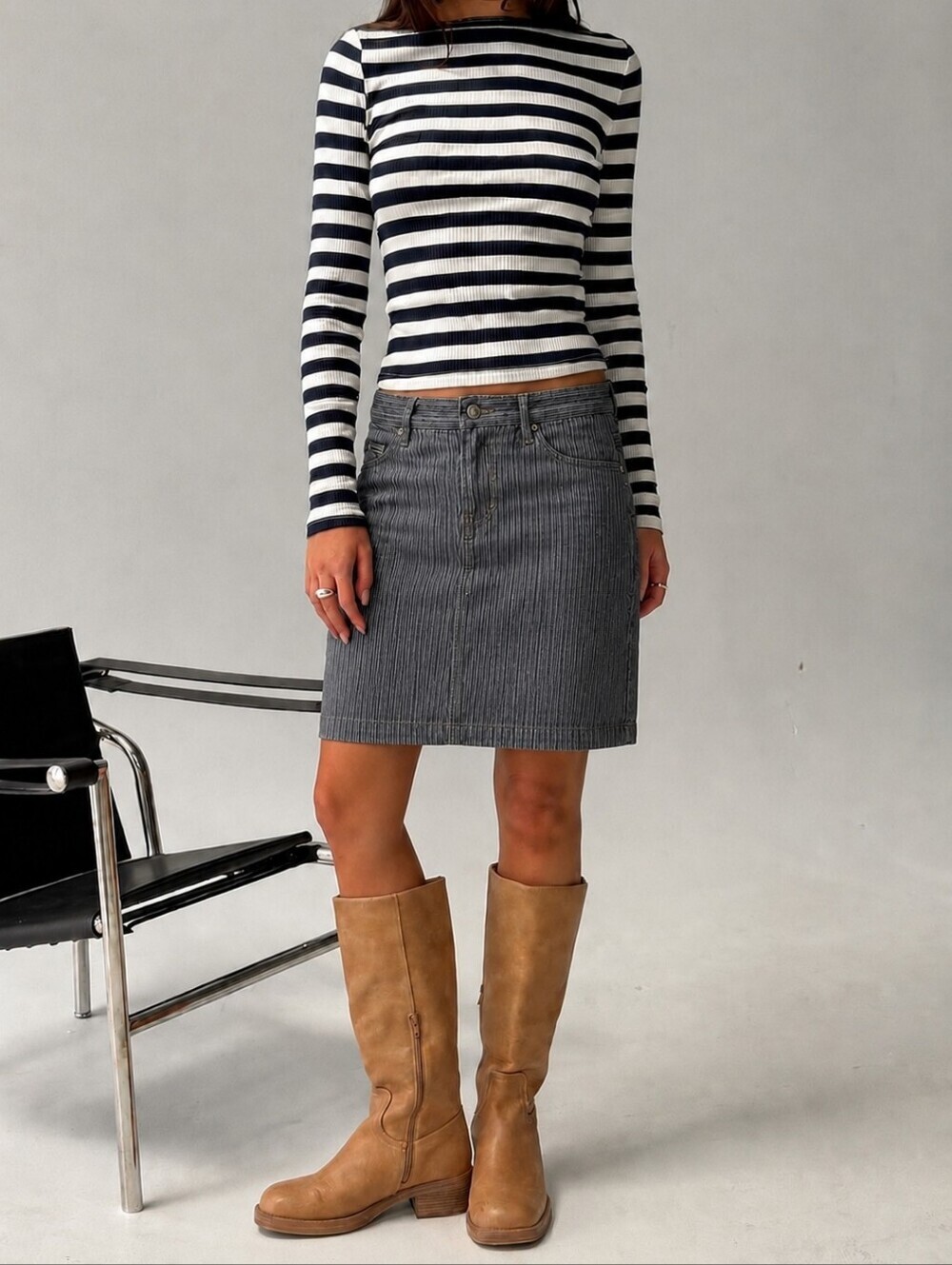 Y2K Point Zero Jeans Skirt Pencil Size 25 Grey Pin Stripes Denim